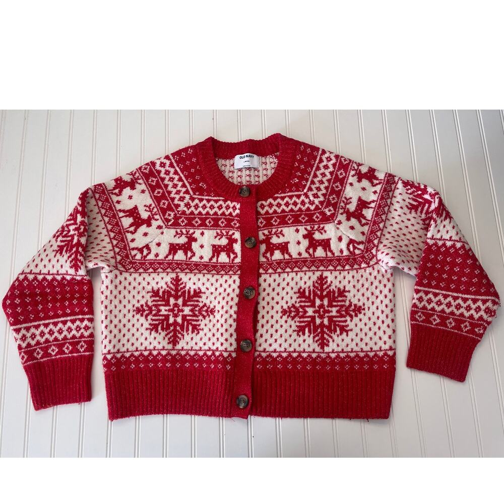 Old Navy Red and White Nordic Fair Isle Button Cardigan